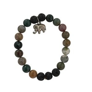 Natural Stone Lava Rock Elephant Charm Stretch Bracelet Multicolor Earthy Boho‎